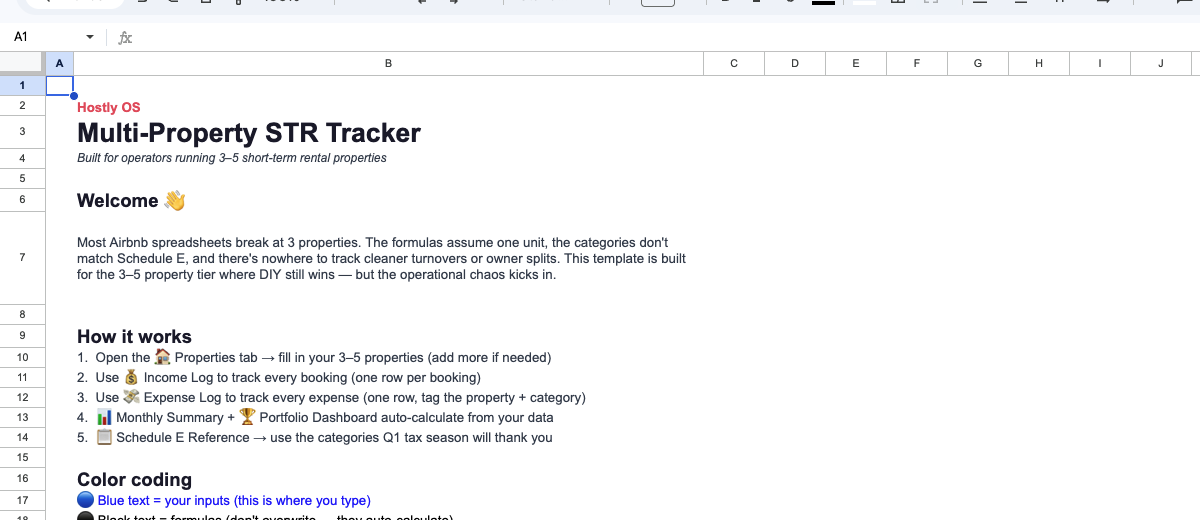 Multi-Property STR Tracker — Start Here tab showing template structure and color coding guide